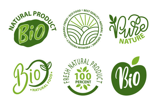 Organic food vector, logotypes with biological meal foliage and leaves decoration of logotypes and labels, flora and sunshine. Pure natural supplies