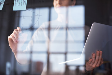 mid age businesswoman working on new project at modern office with a laptop