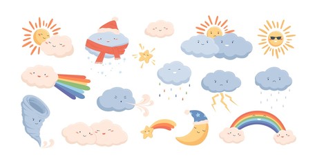 Leuke weersverschijnselen - wolken, wind, regenboog, onweer, tornado, sneeuw, regen, zon en halve maan. Schattige stripfiguren geïsoleerd op een witte achtergrond. Kinderachtig vectorillustratie.