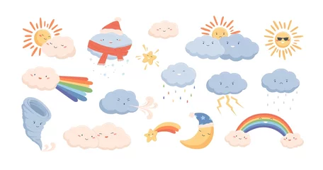 Fotobehang Wolken Leuke weersverschijnselen - wolken, wind, regenboog, onweer, tornado, sneeuw, regen, zon en halve maan. Schattige stripfiguren geïsoleerd op een witte achtergrond. Kinderachtig vectorillustratie.