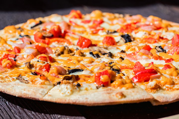 Delicious fresh pizza with tomatoes, mushrooms and cheese close up