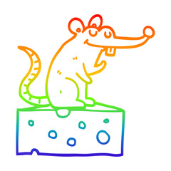 rainbow gradient line drawing cartoon mouse sitting on cheese