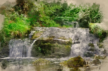 Fototapeta na wymiar Digital watercolor painting of Stunning waterfall flowing over rocks through lush green forest with long exposure