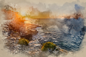 Digital watercolor painting of Stunning coastal landscape with long exposure waves crashing at sunrise