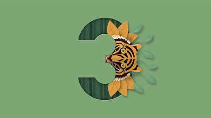 International tiger day with face and number. Vector illustration in paper cut and craft style.