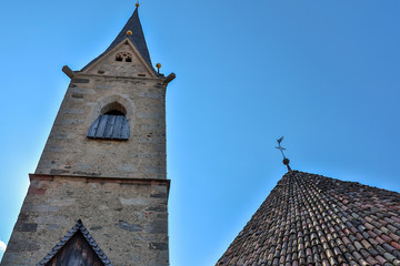Roof of the Church, Sankt Georgen Kirche. Old chapel of Castle Schenna. Scena, South Tyrol, Italy. Europe.