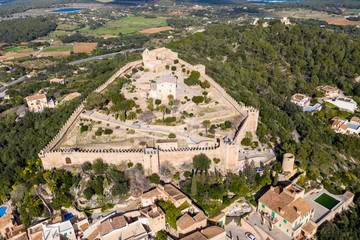 Fototapeta na wymiar Aerial view, Castell de Capdepera, in the village of Capdepera, Mallorca, Balearic Islands, Spain