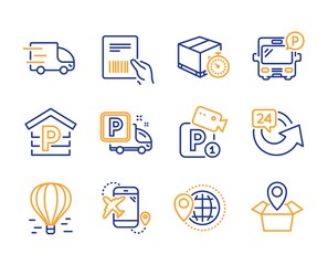 Air balloon, Flight destination and Bus parking icons simple set. Truck parking, Truck delivery and World travel signs. Delivery timer, Parcel invoice and 24 hours symbols. Package location. Vector