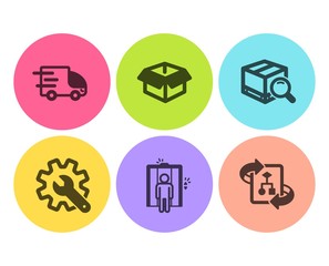 Truck delivery, Customisation and Opened box icons simple set. Search package, Elevator and Technical algorithm signs. Express service, Settings. Industrial set. Flat truck delivery icon. Vector