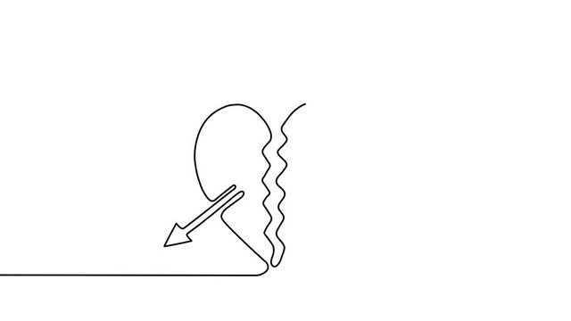 Two halves of broken heart with arrow in style of one continuous line black color. Self drawing. Motion graphics