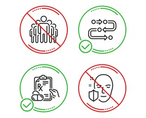 Do or Stop. Group, Prescription drugs and Methodology icons simple set. Face protection sign. Managers, Pills, Development process. Secure access. Science set. Line group do icon. Prohibited ban stop