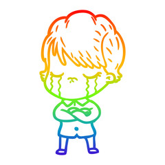 rainbow gradient line drawing cartoon woman crying