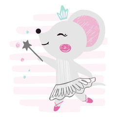 Mouse baby girl cute print. Sweet animal with magic wand, ballet tutu, pointe, crown on striped background.