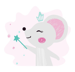 Mouse baby girl cute print. Sweet animal with magic wand, crown.