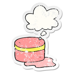 cartoon beauty lotion tub and thought bubble as a distressed worn sticker