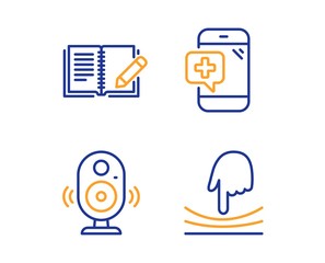 Speaker, Feedback and Medical phone icons simple set. Elastic sign. Music sound, Book with pencil, Mobile medicine. Resilience. Science set. Linear speaker icon. Colorful design set. Vector
