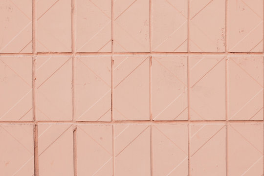 Geometric Pattern Of Soft Pink Tile. Texture Of Orange Pastel Ceramic Tiled. Light Color  Backgrounds With Square. Design Of Bathroom.