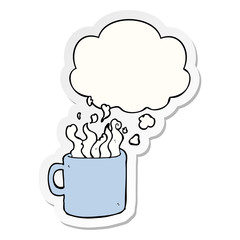 cartoon hot cup of coffee and thought bubble as a printed sticker