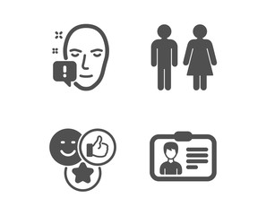 Set of Like, Face attention and Restroom icons. Identification card sign. Social media likes, Exclamation mark, Wc toilet. Person document.  Classic design like icon. Flat design. Vector