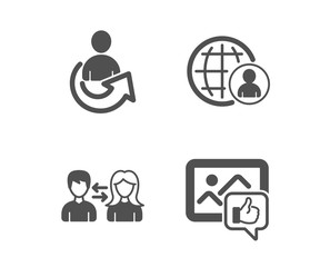 Set of International recruitment, People communication and Share icons. Like photo sign. World business, People talking, Referral person. Thumbs up.  Classic design international recruitment icon