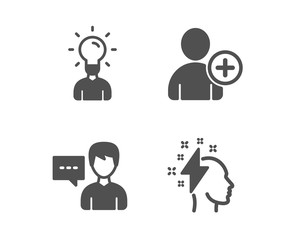 Set of Education, Person talk and Add user icons. Brainstorming sign. Human idea, Communication message, Profile settings. Lightning bolt.  Classic design education icon. Flat design. Vector
