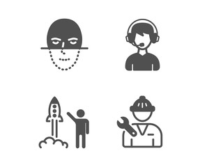 Set of Consultant, Launch project and Face recognition icons. Repairman sign. Call center, Business innovation, Faces biometrics. Repair service.  Classic design consultant icon. Flat design. Vector