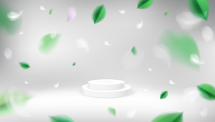Nature abstract studio background with flying spring leaves and product show podium vector design