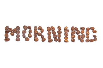 word made of coffee beans isolated on white
