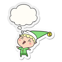 cartoon happy christmas elf and thought bubble as a printed sticker