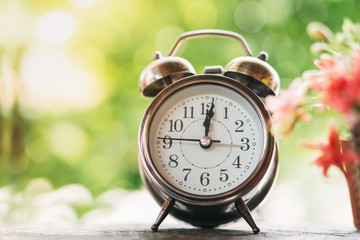 alarm clock and flower basket over beautiful nature morning light background 