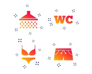 Swimming pool icons. Shower water drops and swimwear symbols. WC Toilet sign. Trunks and women underwear. Random dynamic shapes. Gradient trunks icon. Vector