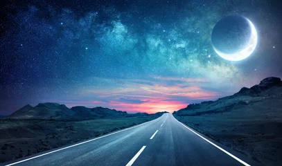 Foto op Canvas Road In Night - With Half Moon And Milky Way © Romolo Tavani