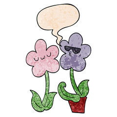 cute cartoon flower and speech bubble in retro texture style