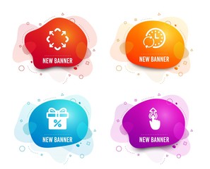Liquid badges. Set of Update time, Maximize and Discount offer icons. Swipe up sign. Refresh clock, Full screen, Gift box. Touch technology.  Gradient update time icon. Flyer fluid design. Vector