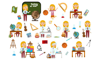 Set of blonde girl at school. Student in different lessons: science, history, sports, art, maths, English, information technology, music. Conducting experiments. Cute Vector Illustration