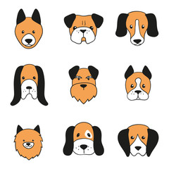 Doodle dog head icons. Vector set of cartoon dogs faces.