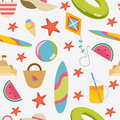 Seamless pattern. Summer items: swimming circle, surfboard, hat, bags, cocktail and ice cream, watermelons and starfish. Vector illustration