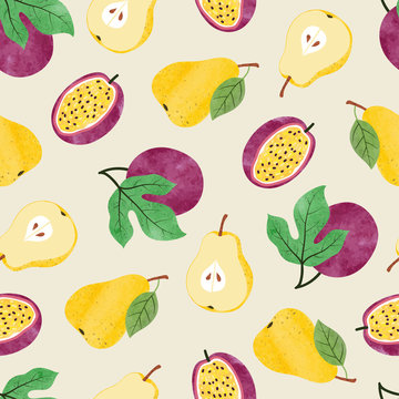 Watercolor fruit pattern with pear and passion fruit.