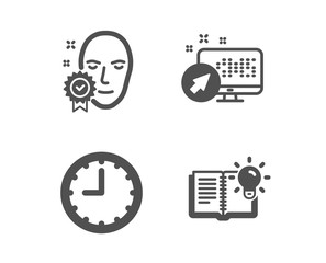 Set of Web system, Face verified and Time icons. Product knowledge sign. Computer, Access granted, Office clock. Education process.  Classic design web system icon. Flat design. Vector