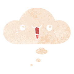 happy cartoon face and thought bubble in retro textured style