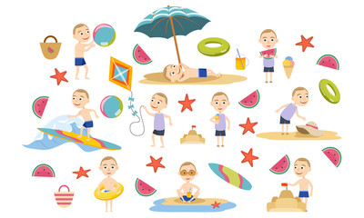 Set skinny blond boy in various poses in summer clothes and swimsuits on the beach. Summer holidays. Beach rest, games and surfing. Vector illustration