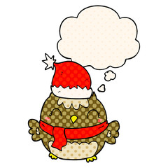 cute christmas owl and thought bubble in comic book style
