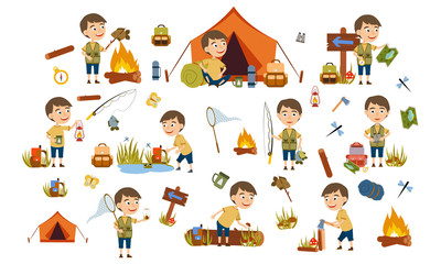 Set brown-haired boy tourist on nature. Camping. Fishing, overnight in a tent, picking mushrooms, fun and relaxation. Children's camp. Scouts. Cute Vector Illustration