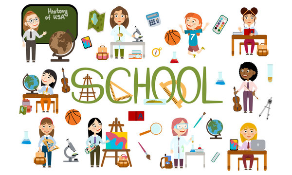 A set of girls at school. Student in different lessons: science, history, sports, art, maths, English, information technology, music. Conducting experiments. Cute Vector Illustration