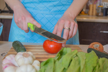 Woman hands cooking healthy meal in the kitchen, behind fresh vegetables. Cropped image of young girl cutting vegetables for Food