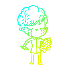 cold gradient line drawing cartoon woman crying