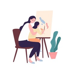 Adorable mother and daughter painting or drawing. Cute funny mom and child performing recreational art activity. Parent and kid having fun together. Flat cartoon colorful vector illustration.