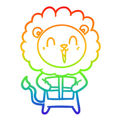 rainbow gradient line drawing laughing lion cartoon with christmas present