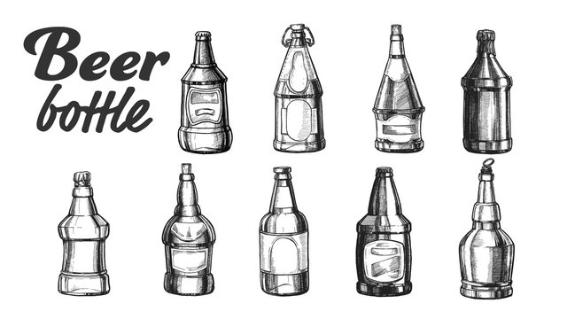 Hand Drawn Blank Closed Beer Bottle Set Vector. Collection Of Different Ink Design Sketch Engrave Bottle Of Alcoholic Barley Drink. Concept Monochrome Glass Container Template Cartoon Illustration