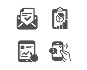 Set of Internet report, Report and Approved mail icons. Call center sign. Web tutorial, Presentation chart, Confirmed document. Phone support.  Classic design internet report icon. Flat design. Vector